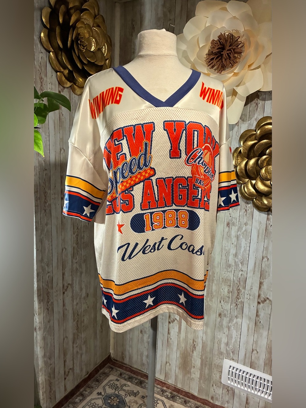 Oversized White & Blue Graphic Sports Tee - West Coast
